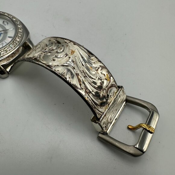Montana Time Watch Women Silver Tone Mother of Pearl Dial Scroll Design Band - Picture 6 of 14